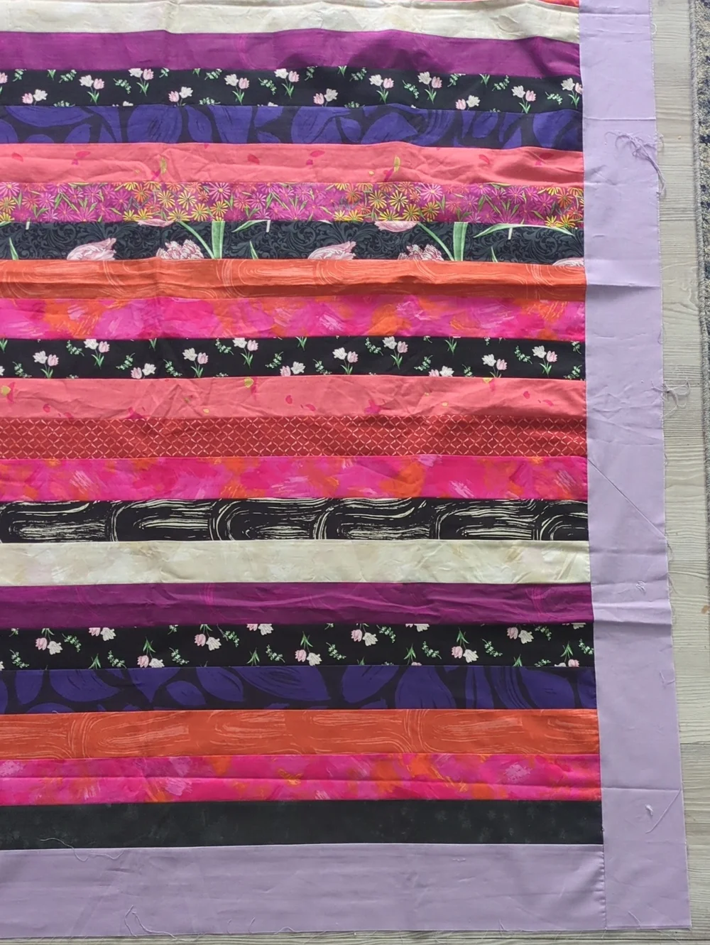 Handmade Unfinished Quilt Top UFO Modern Strip Quilt Purple Pink 49.5 x 62.5